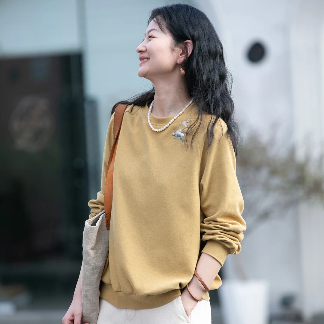 牧衣游原创设计 手工刺绣净色棉质卫衣新款百搭休闲套头上衣 森林