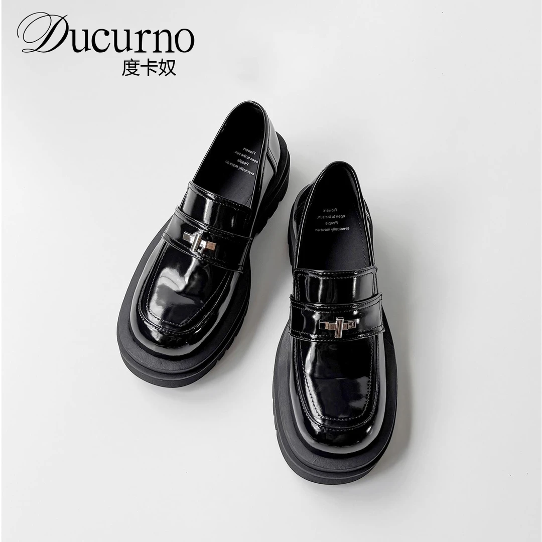 DUCURNO英伦风黑色小皮鞋一脚蹬乐福鞋女小个子时尚厚底深口单鞋