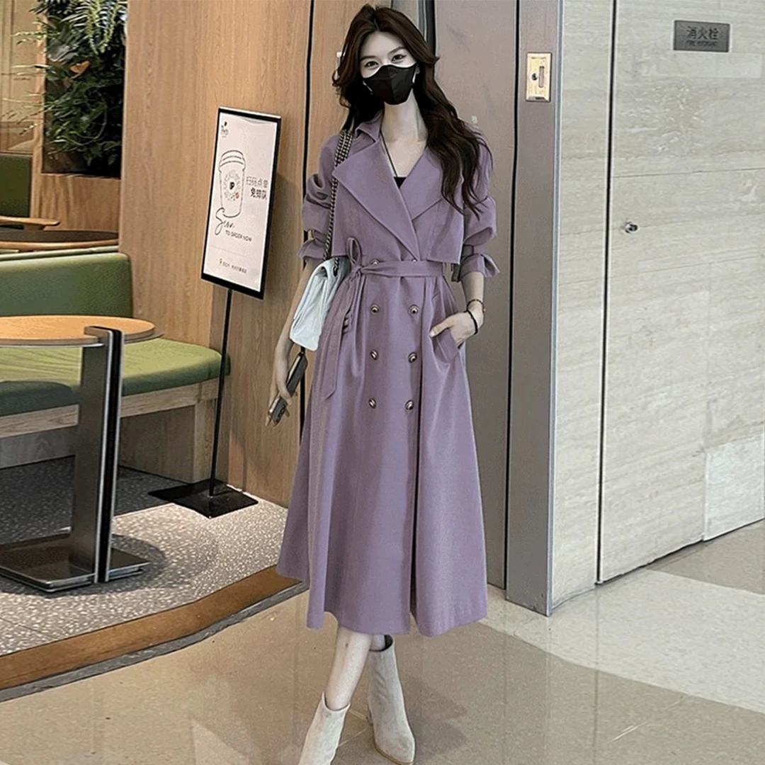 紫色英伦风西装领风衣外套女2025春韩版复古气质双排扣中长款大衣