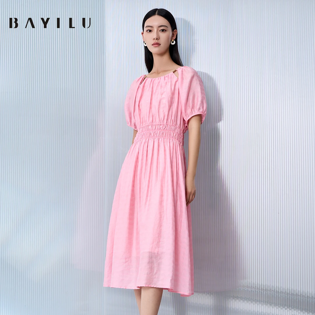 【丽公主】芭依璐夏季连衣裙女泡泡袖收腰显瘦长裙90L7535