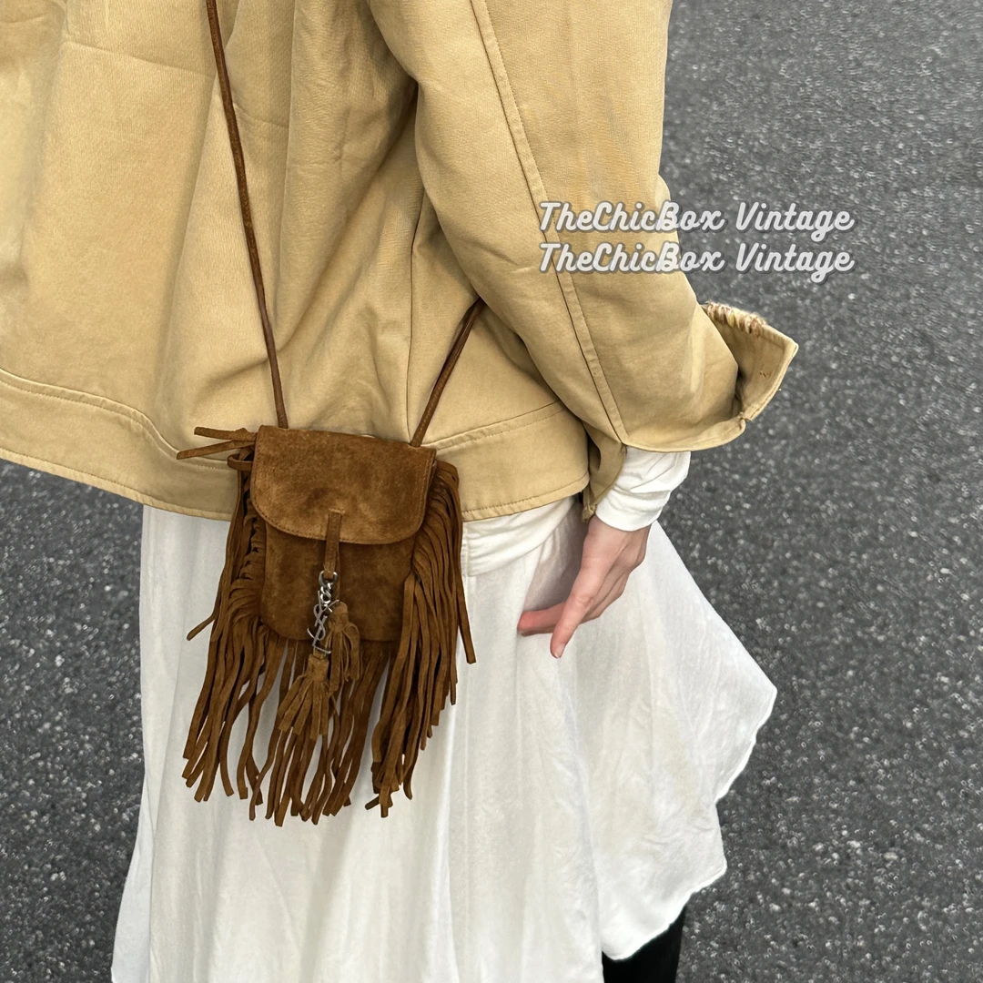 95新 YSL/圣罗兰 只盒/Ysl超辣妹棕色麂皮mini流苏马鞍手机包