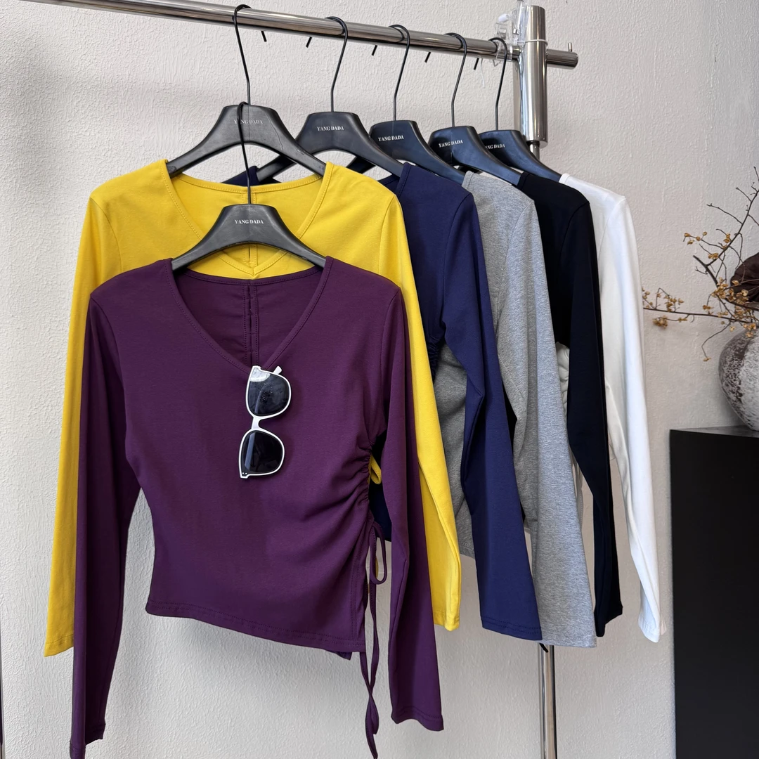 长袖辣妹不规则秋冬侧边抽绳收腰显瘦V领打底衫绵女装后背镂空T恤