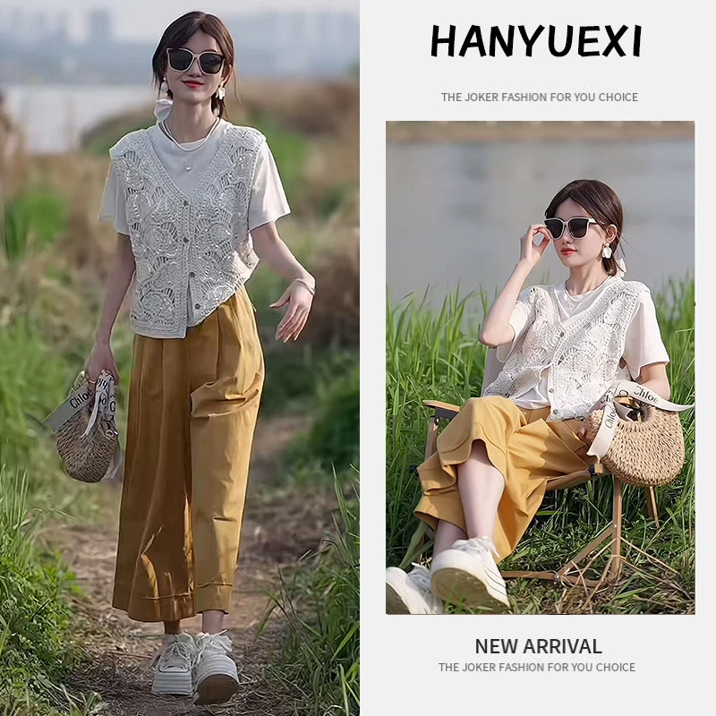 今年流行穿搭一整套2025新款韩版镂空钩花亮片马甲舒适打底直筒裤