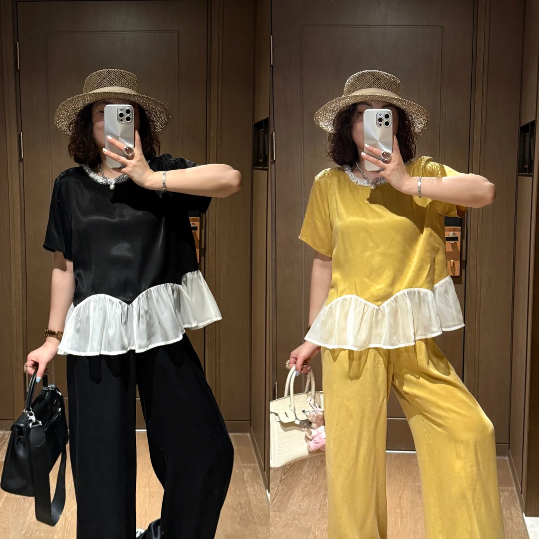 YDFSTUDIO小众【夏日奶酪】欧货高品花边撞色拼接设计上衣+裤子套装