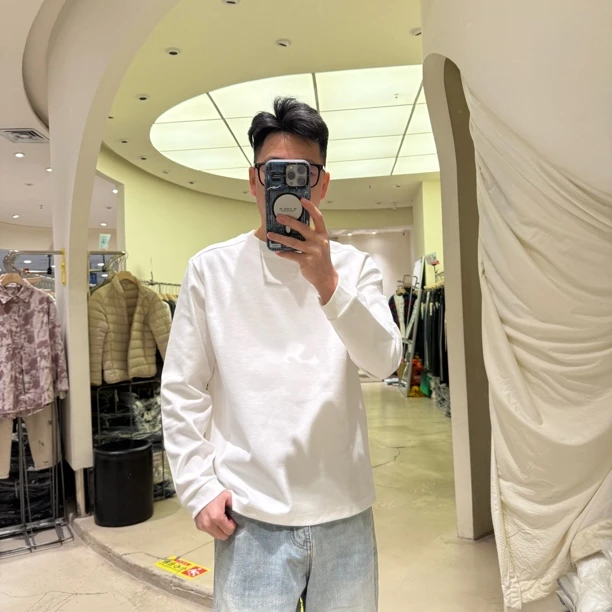 男士秋季新款高品质高克重高棉感纯色圆领打底白色长袖T恤5138