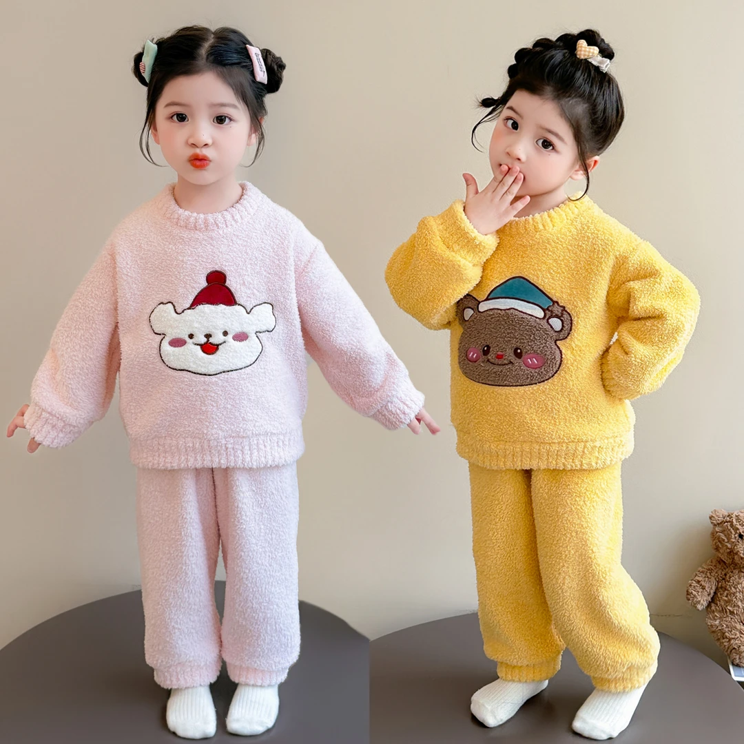 女童法兰绒睡衣加厚保暖儿童珊瑚绒可爱家居服两件套小女孩秋冬装