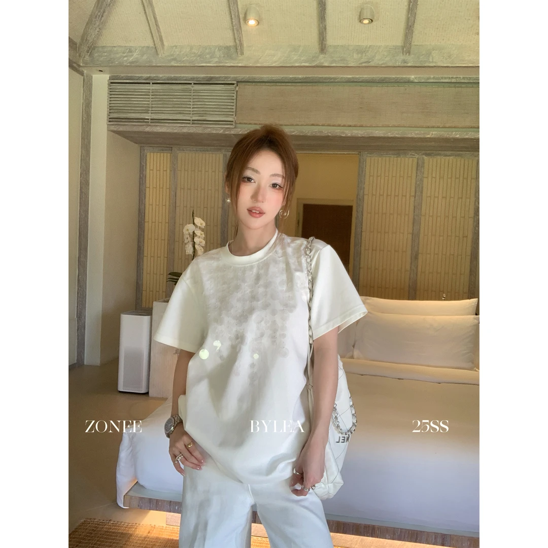 ZONEE 月光石 原创设计法式休闲时髦感亮片细节宽松T恤