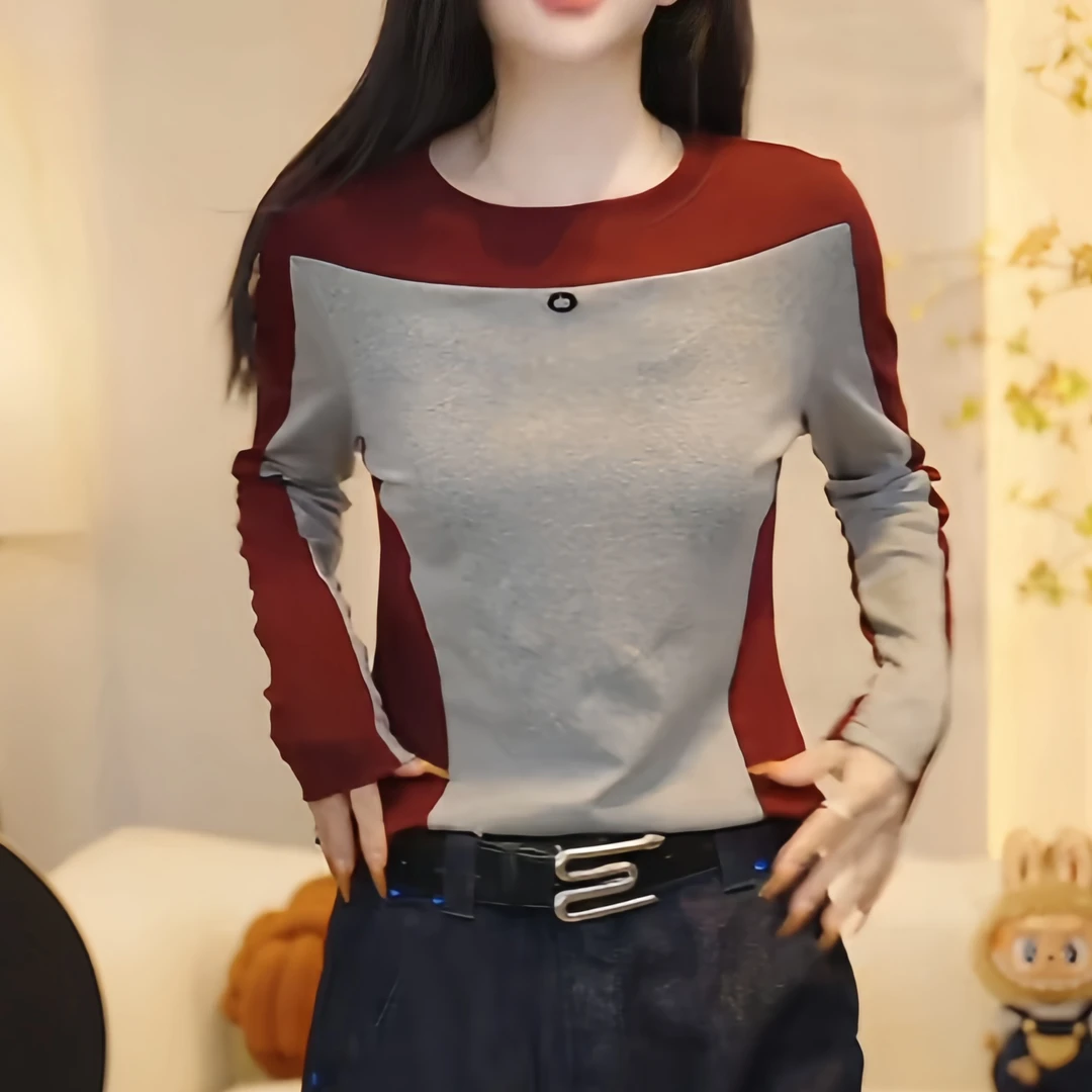 【巴克幻想】2025秋季设计师高定腰线拼色显瘦长袖T恤女上衣设计感