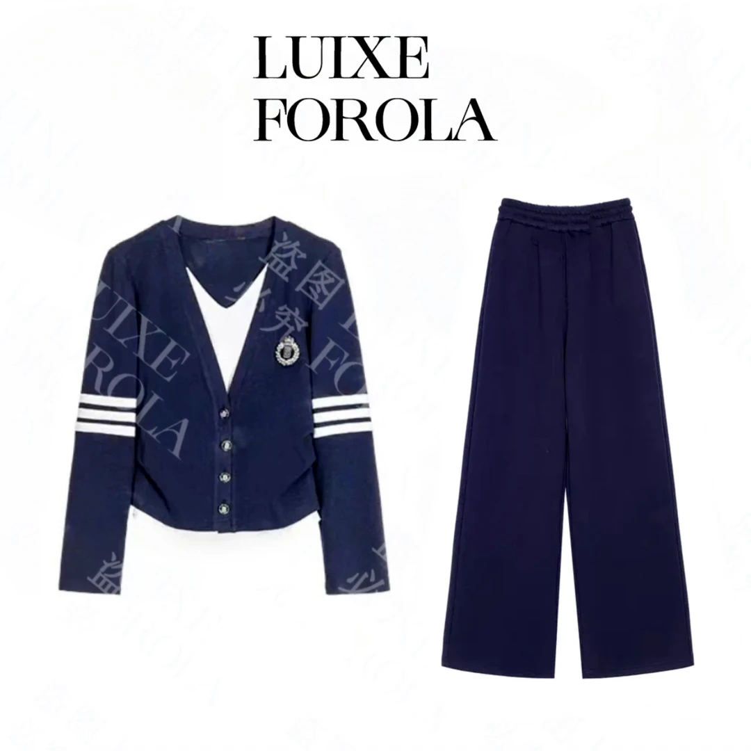 FORALA 德绒套装V领拼色假两件德绒条纹女时尚收腰显瘦套装