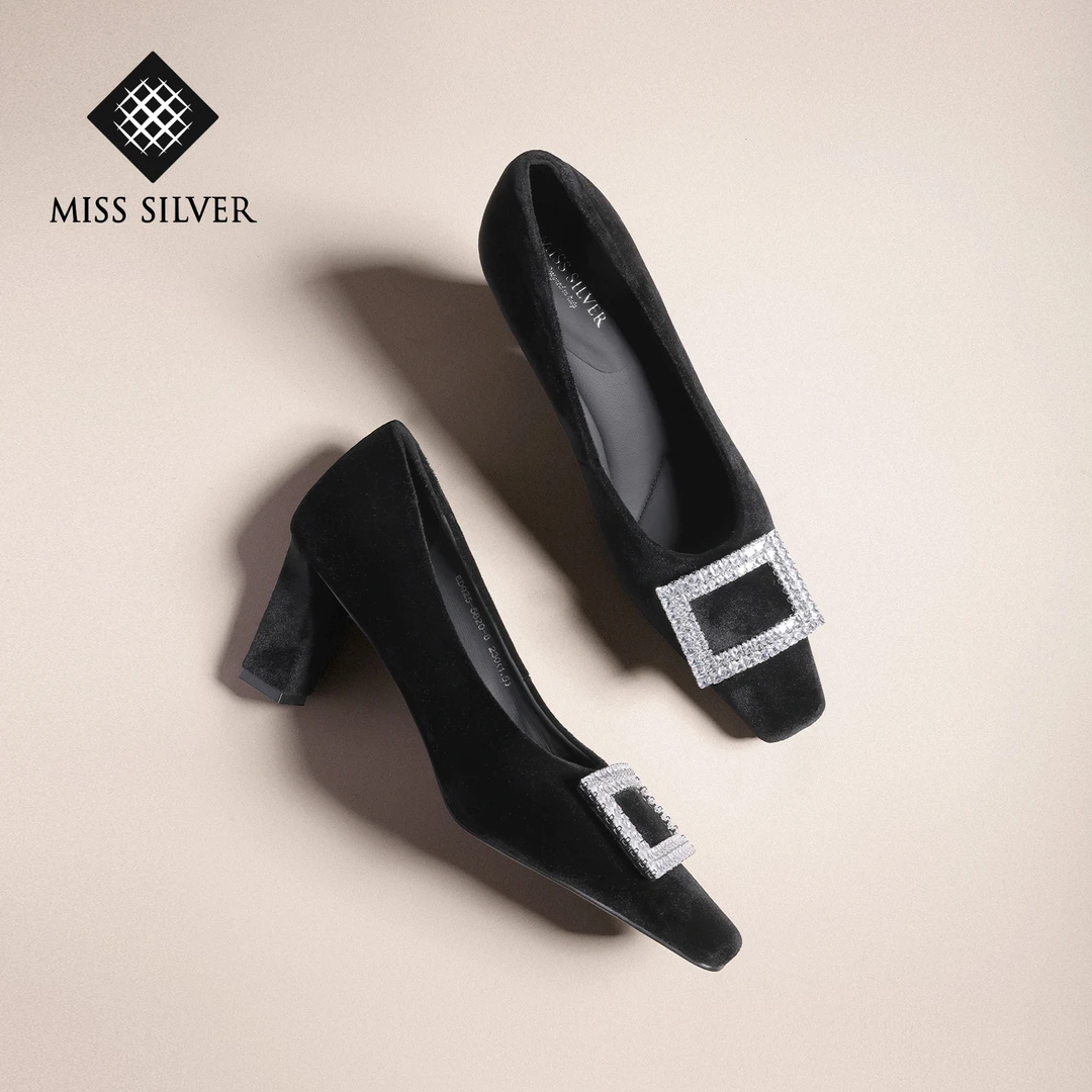 MISSSILVER粗跟高跟鞋女2025年秋季新款时尚小方头水钻浅口单鞋