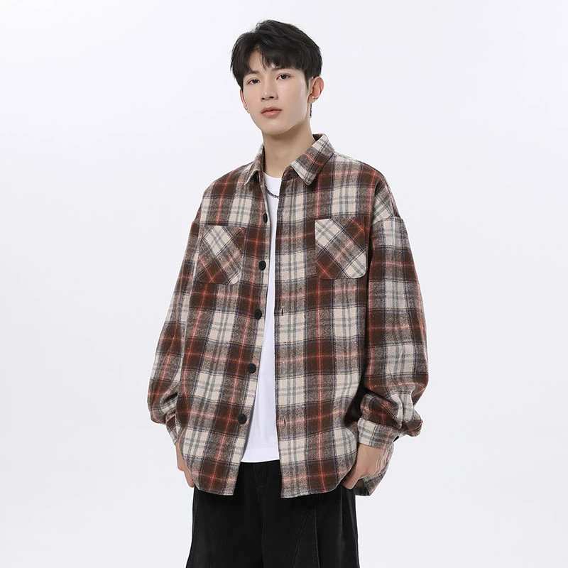 韩版潮流衬衫春夏季时尚百搭学生衬衣帅气长袖宽松休闲格子外套
