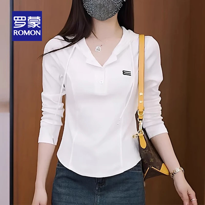 罗蒙女装连帽休闲打底衫高含棉长袖t恤2025秋季新款弧形下摆上衣
