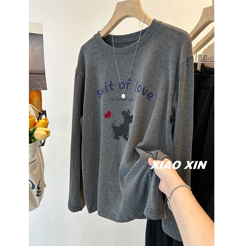 胖mm200斤大码复古卡通加厚磨毛T恤打底衫女春秋叠穿德绒长袖上衣