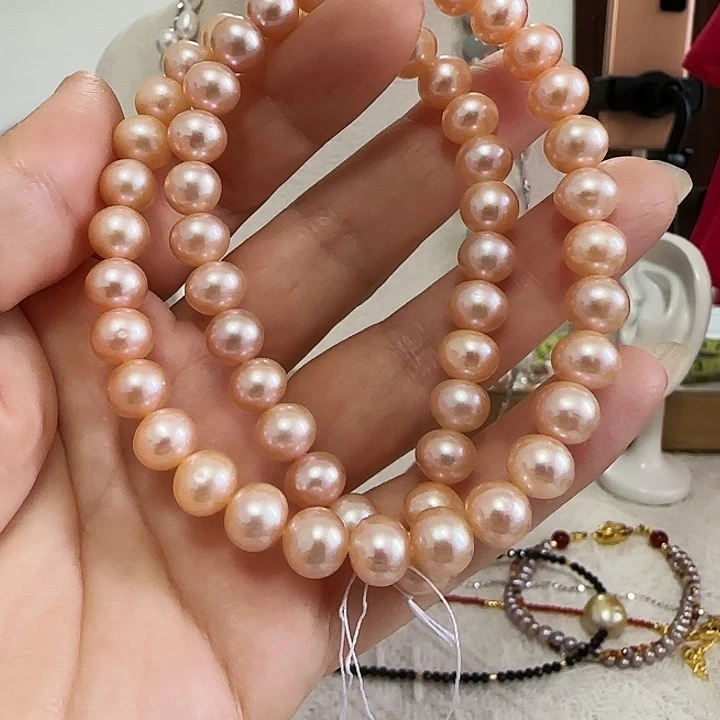 微***也淡水珍珠颈饰未镶嵌红飘金半成品正常纹8-9