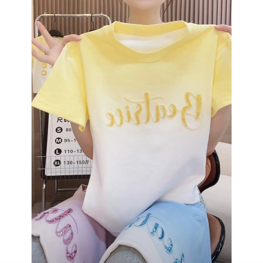 爆款渐变扎染短袖t恤女夏季2025年新款修身重工刺绣体恤短款上衣