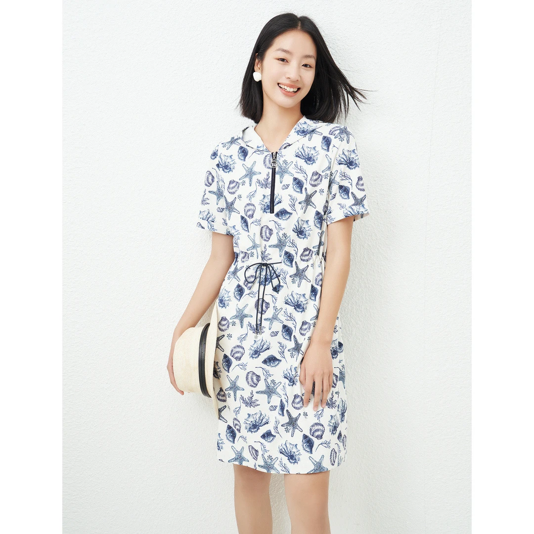 【婷婷专属】连衣裙女夏季款休闲百搭气质通勤印花法式连帽卫衣裙子