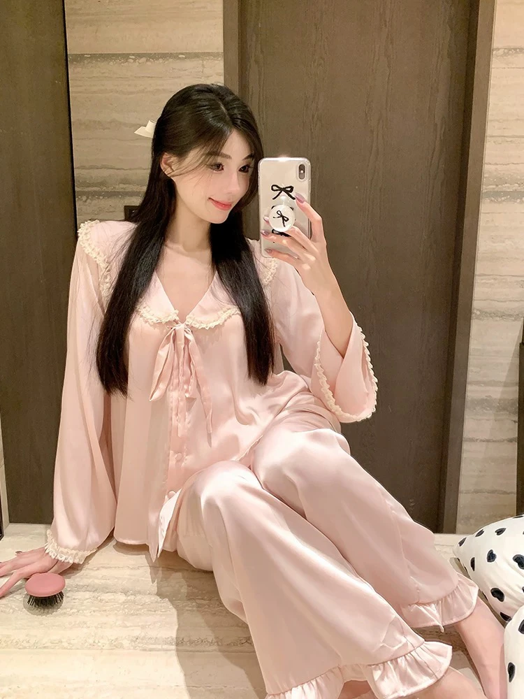 【福利】新款睡衣家居服春秋女款可外穿亲肤柔光缎面翻领长袖长裤