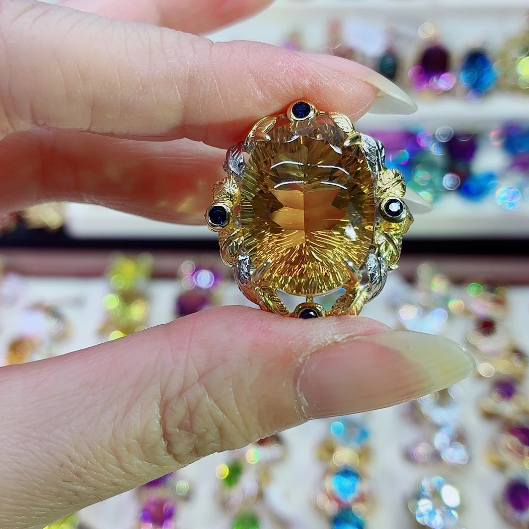 银S925镀金镶嵌戒指水晶