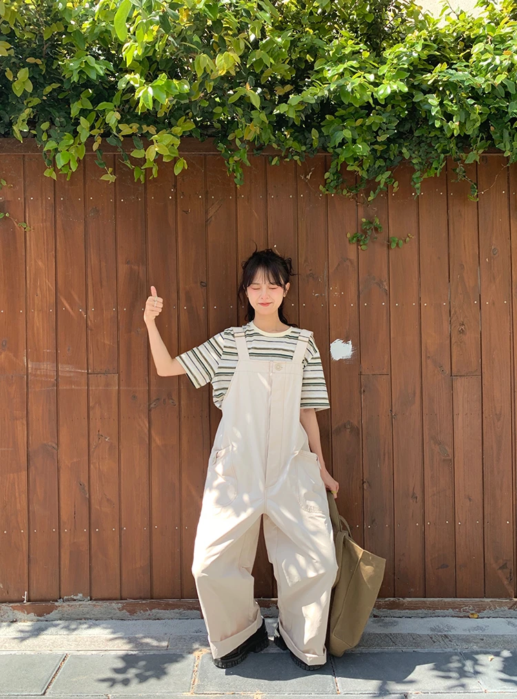 RAINY日系工装背带裤夏季女减龄盐系宽松休闲裤复古阔腿直筒裤子