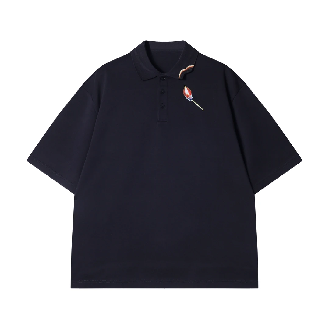 春夏新款时尚个性韩版高端刺绣半纽扣翻领短袖T恤潮流百搭上衣