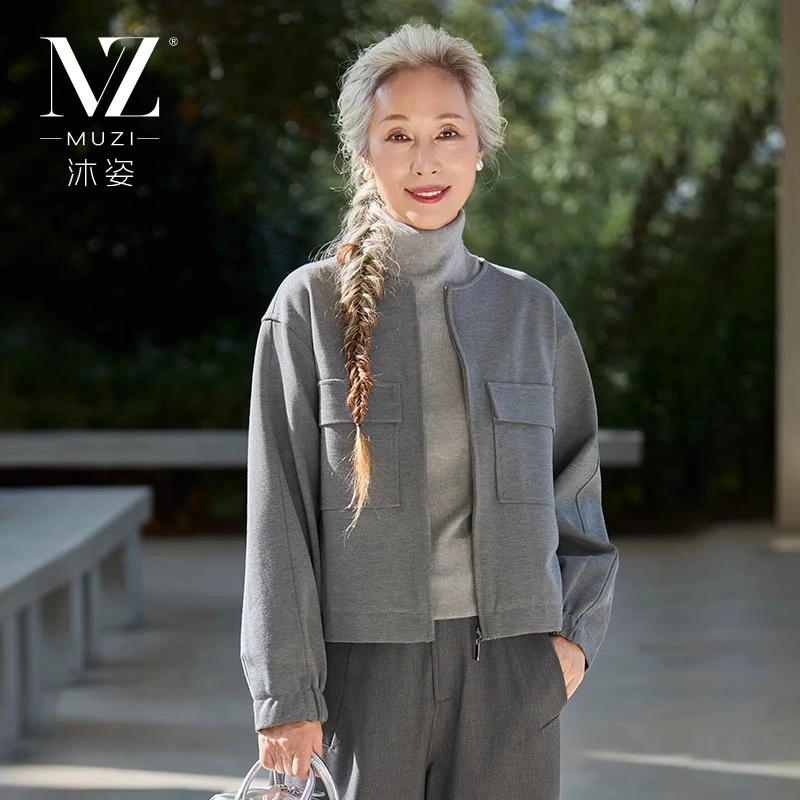 【完颜赫】中年女装秋装短款夹克上衣服妈妈春秋薄款圆领休闲外套