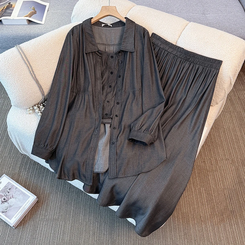 300斤大码女装胖mm美式复古衬衫吊带半身裙三件套秋季新款