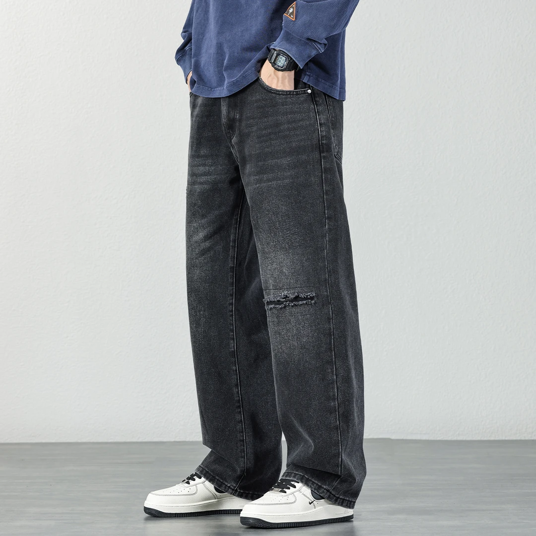 黑色破洞补丁牛仔裤男士2025秋冬新款直筒休闲男裤宽松百搭长裤潮