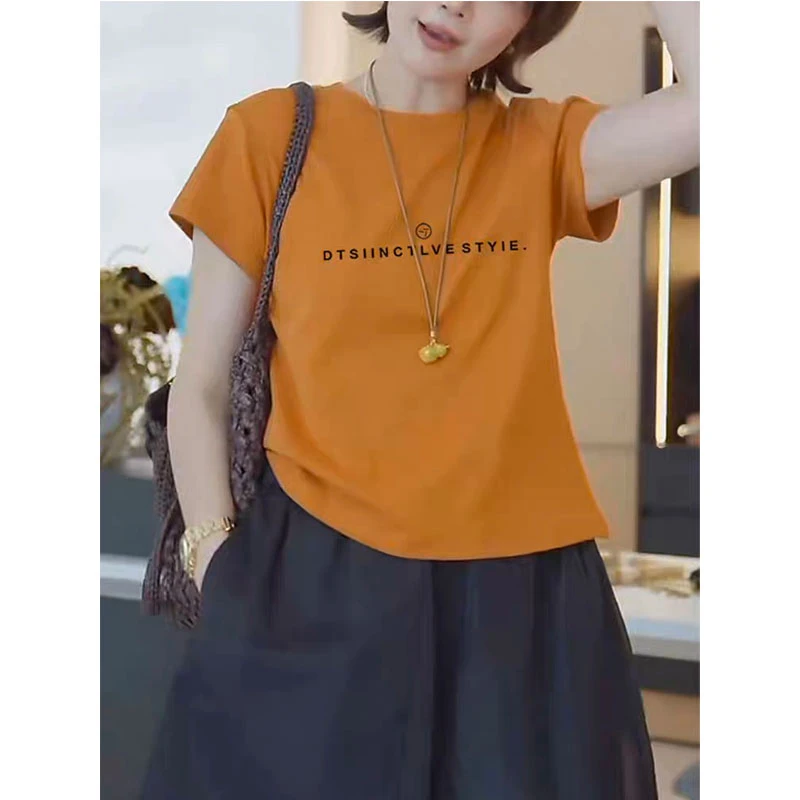 南瓜橘色正肩圆领短袖t恤女2025新款时尚宽松休闲大码上衣夏季潮