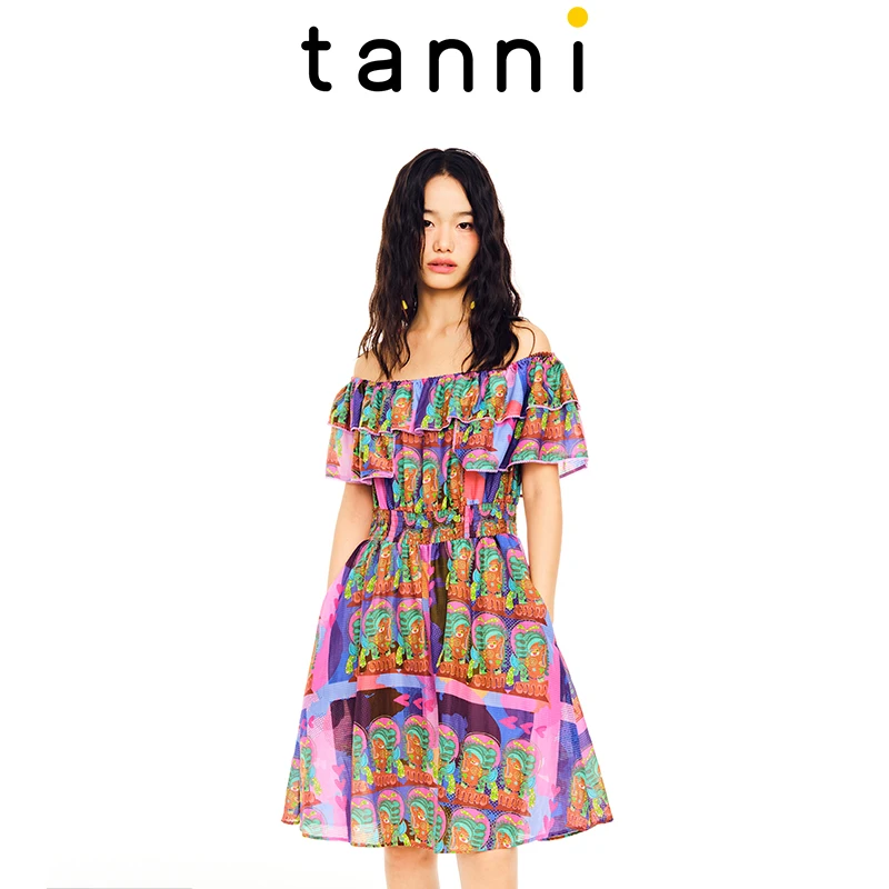 tanni新款优雅司马克设计感一字肩两穿连衣裙TL11DR111B