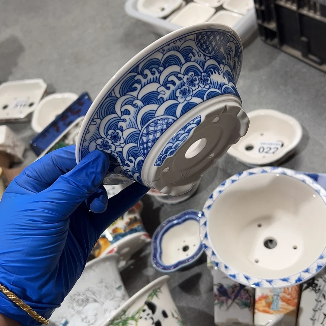 花盆紫砂025号瑕疵15/5cm仿手绘海浪花纹