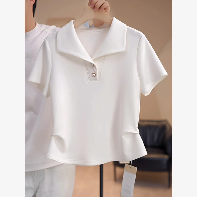 极简风纯色百搭短袖T恤女2025夏季新款法式气质通勤小衫翻领上衣