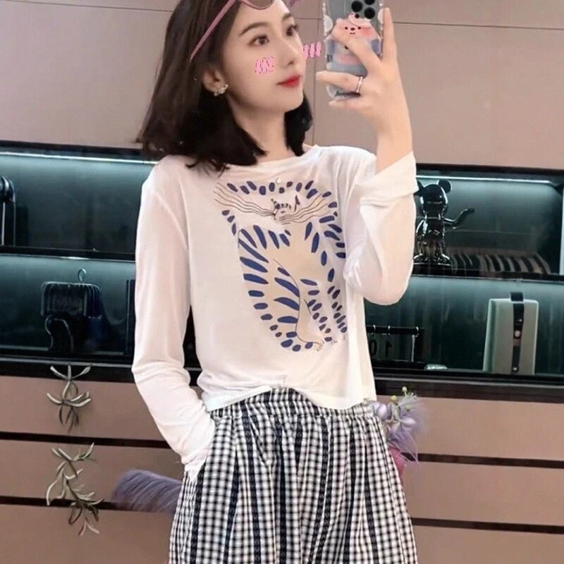 小猫印花白色防晒衣女2025夏季新款短款长袖t恤宽松百搭薄款上衣