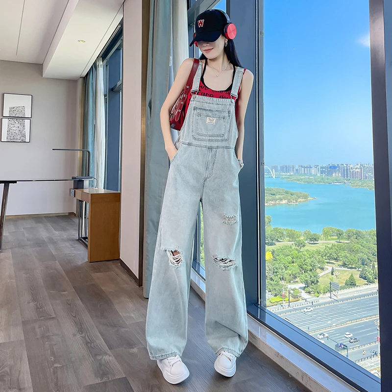 韩系破洞牛仔背带裤女夏季薄款2025年新款高腰显瘦宽松休闲直筒裤