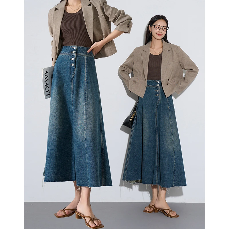 *梵希蔓 气质A字设计感牛仔半身裙女显瘦长裙73383