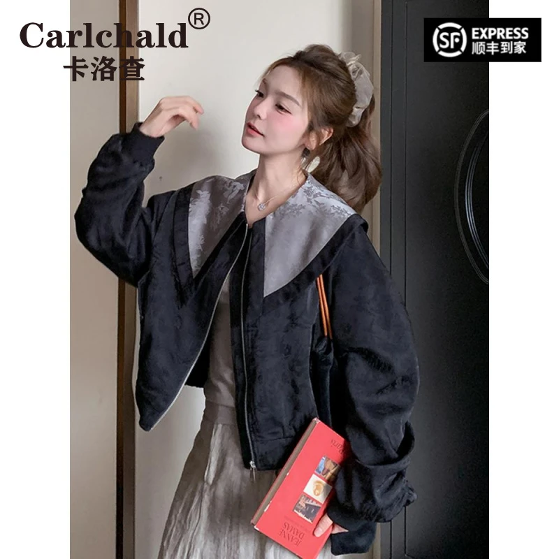 CARLCHALD卡洛查春秋百搭时尚短款黑色新中式国风短外套女秋季超