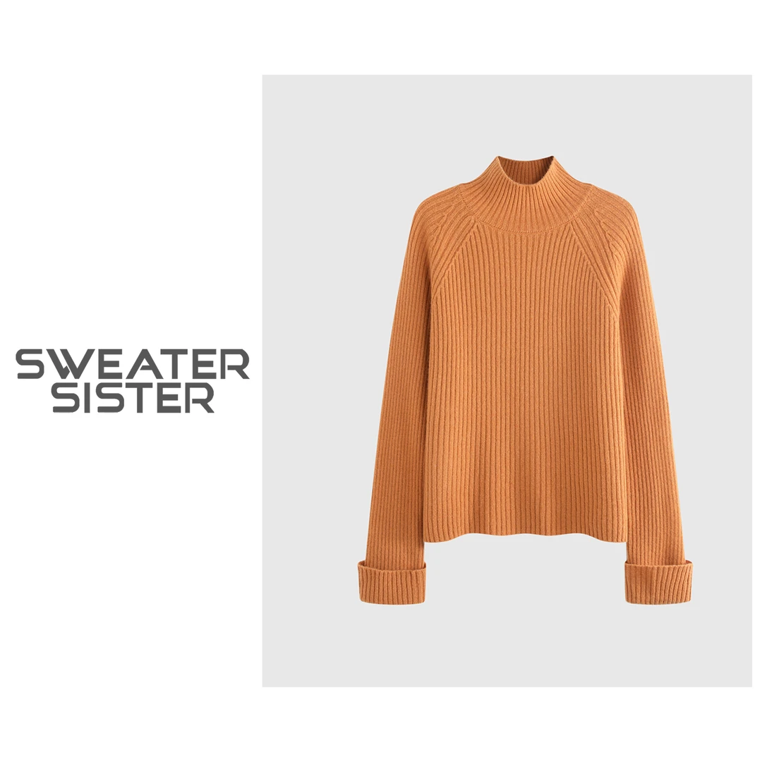 极简高领卷边袖坑条毛衣慵懒套头打底针织衫女219-3335