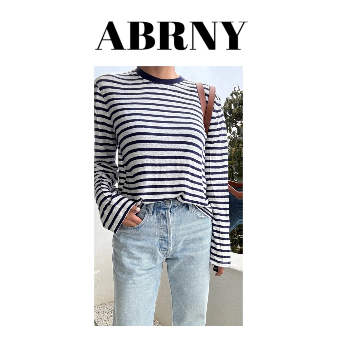 许小黑【条纹假日】早春新款亚麻人棉圆领长袖条纹T恤打底上衣4122