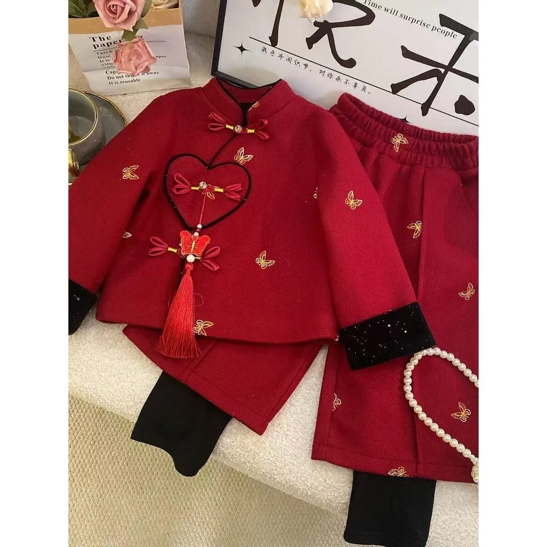 女童秋冬季加厚本命年红色拜年服套装儿童宝宝新中式唐装两件套潮