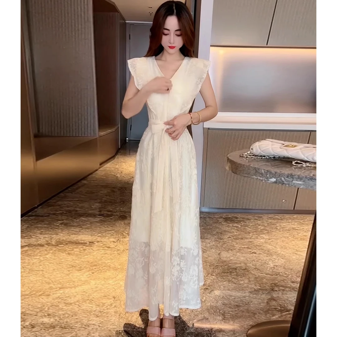 2025新款时尚洋气套头高腰通勤风夏季V领连衣裙气质长裙时尚百搭