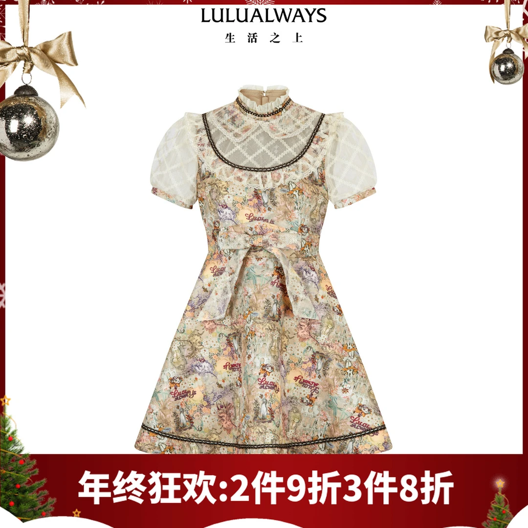 LULUALWAYS我爱露露25夏季新款甜美宫廷蕾丝拼接蝴蝶结公主连衣裙