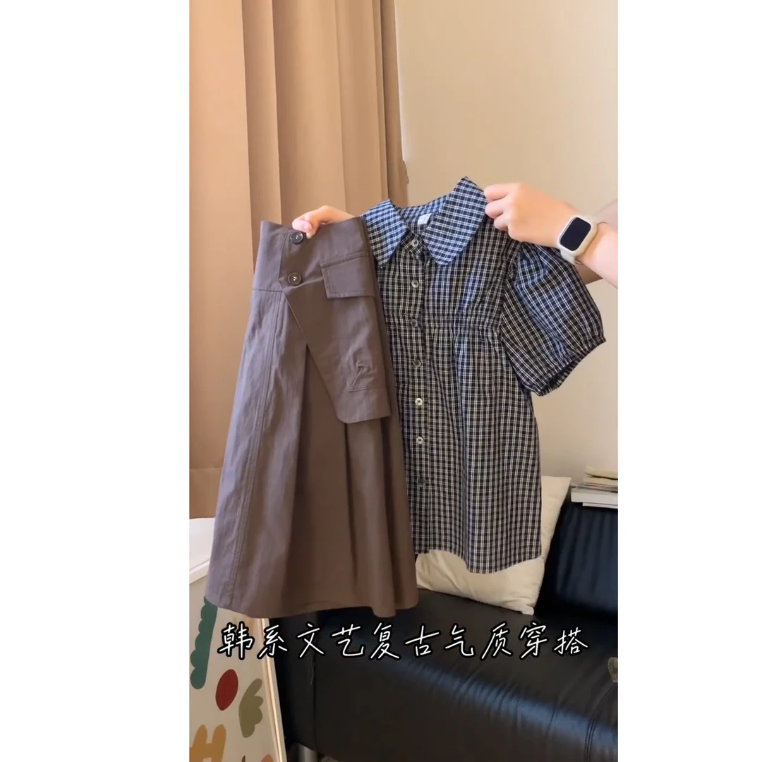 复古格纹POLO领娃娃衫女泡泡袖夏季2025宽松修身小衫通勤百搭上衣