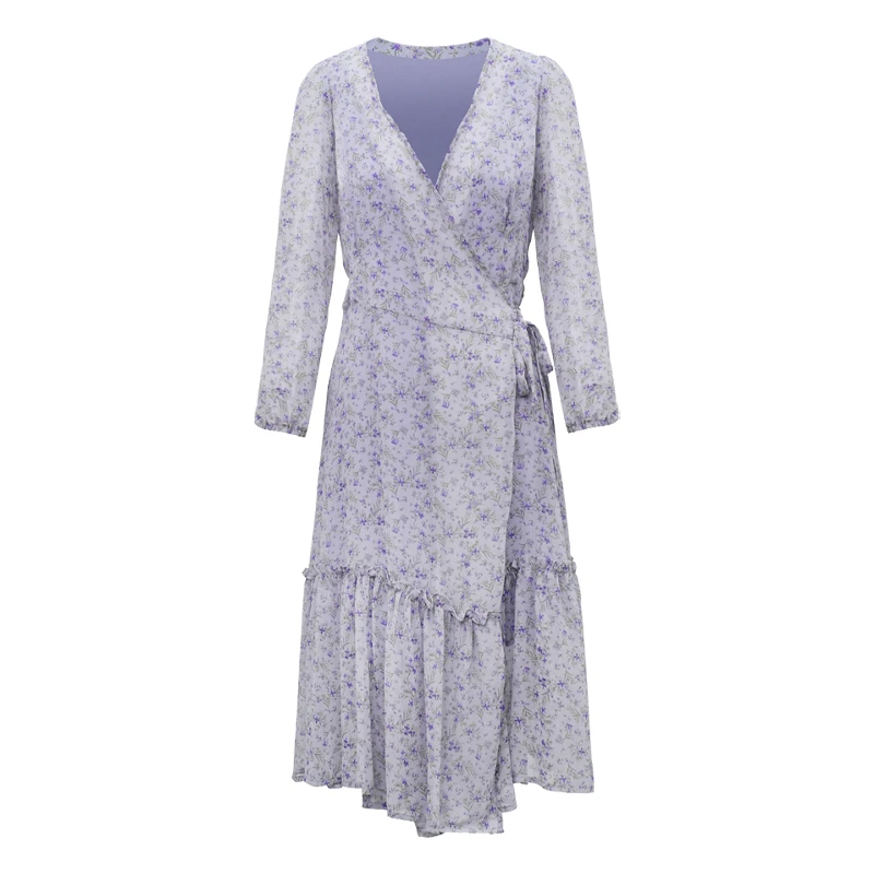 25新款法式碎花温柔连衣裙收腰V领显瘦长裙一片式蕾丝气质-23310