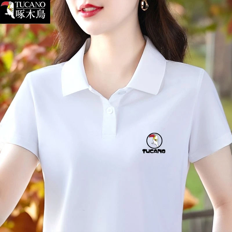 啄木鸟新款潮流小众T恤纽扣POLO领2025年夏季拼接设计短袖上衣女