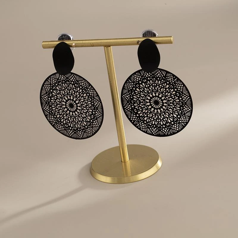 铜合金锆石耳饰 黑色镂空花朵耳环复古港风夸张圆形异域风情气质