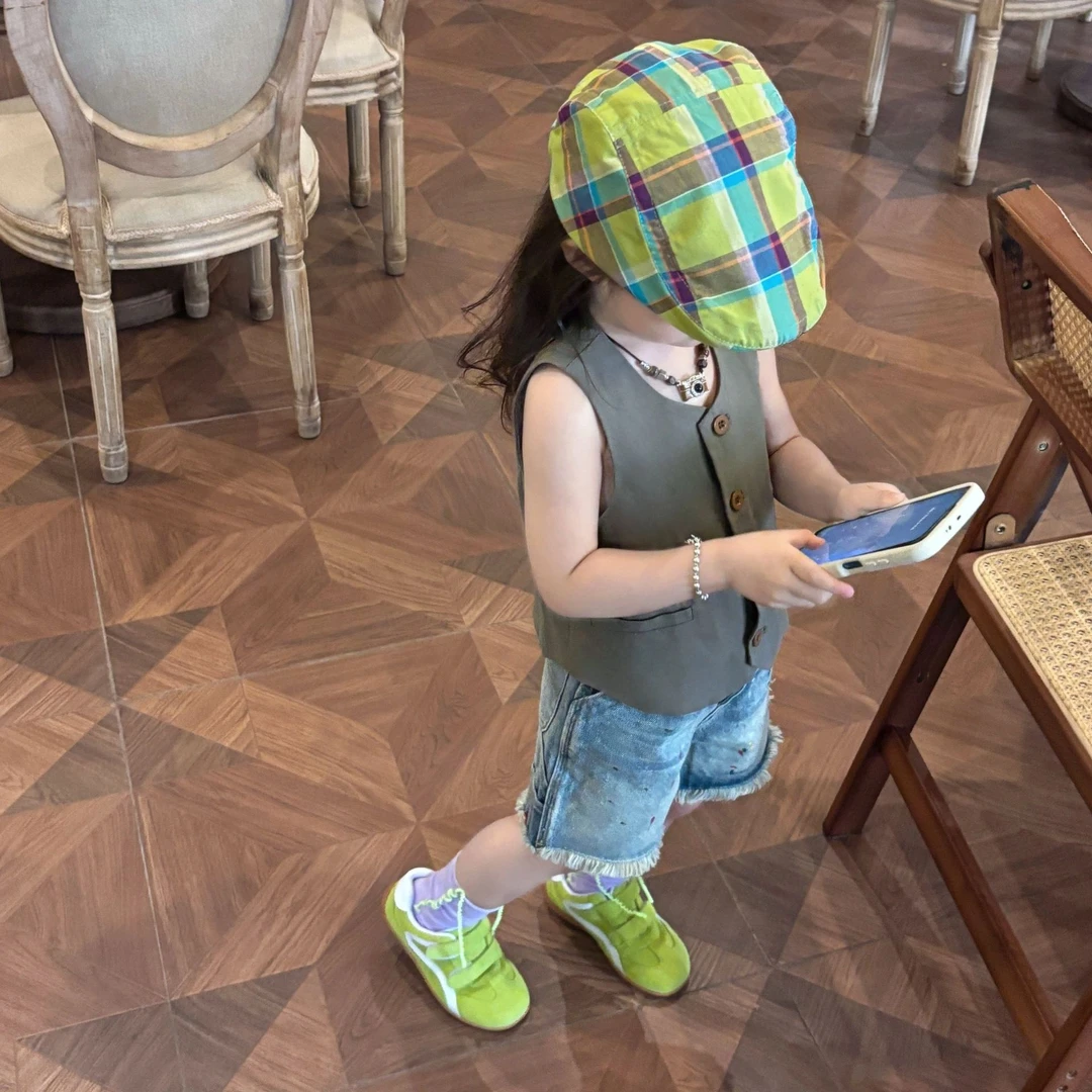 壹妈韩版童装女童夏装马甲2025新款潮牌套装灰色背心时尚无袖上衣