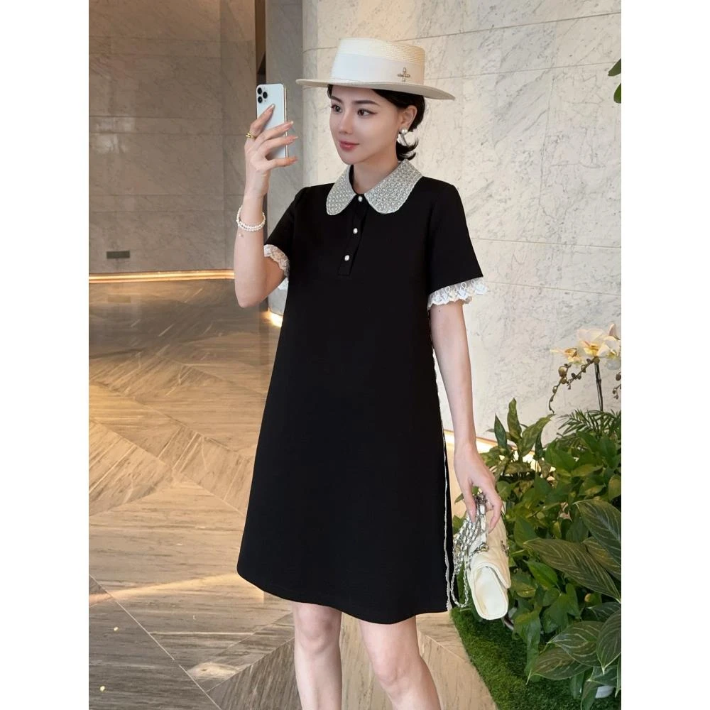 欧货重工钉珠polo领连衣裙女2025夏季新款休闲遮肉显瘦短袖中长裙