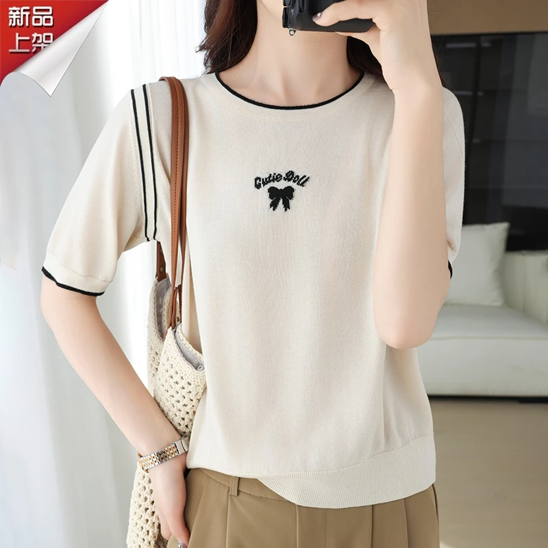 哥弟阿玛施正品夏季新款短袖针织衫女2025圆领宽松显瘦高级感上衣