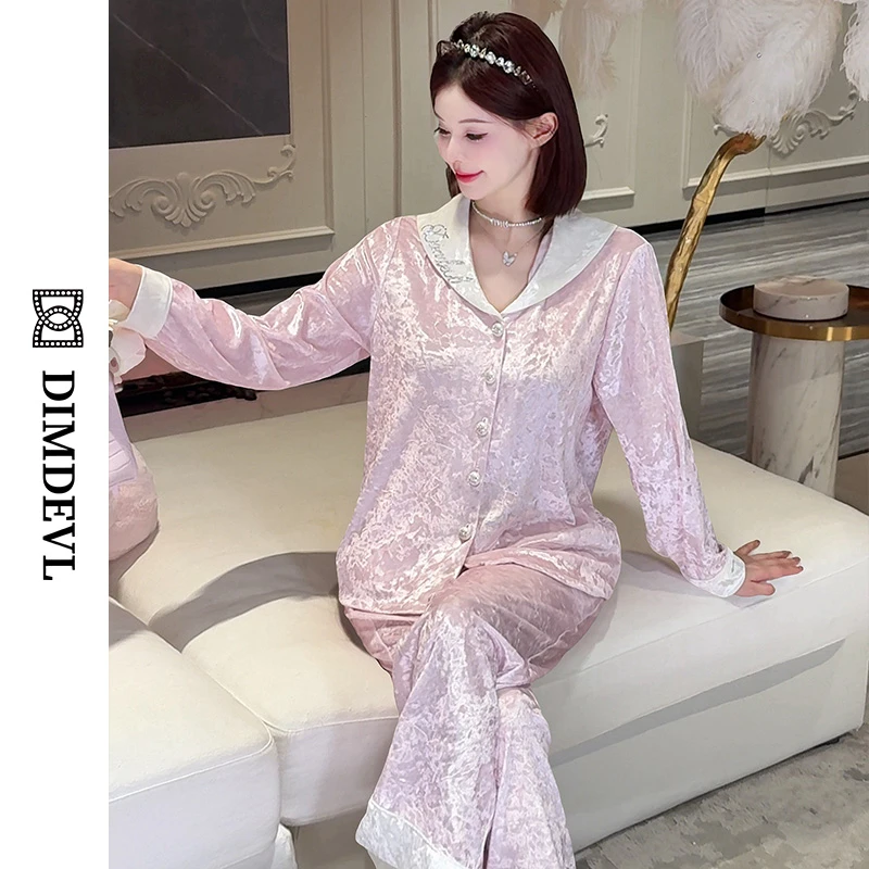DIMDEVL/汀黛LADY翻领金钻丝绒秋冬可外穿长袖甜美减龄家居服睡衣