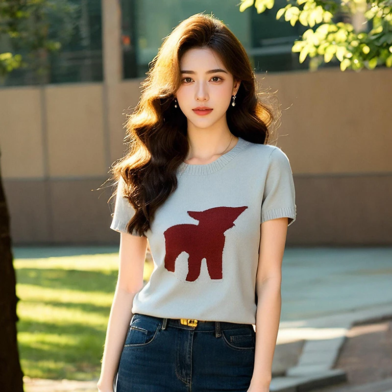 奢姿大码女装2025夏季可爱小羊减龄针织衫胖妹妹时尚圆领百搭上衣