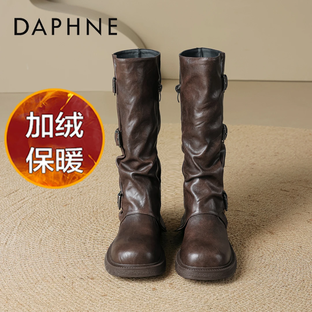 达芙妮美拉德长筒靴子女2025新款秋冬季加绒西部牛仔靴中筒骑士靴